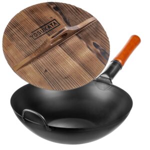 yosukata carbon steel wok pan 13,5“ with premium wok cover 13,5 inch pan lid - chinese wok with flat bottom pow wok plus condensate-free 13,5 inch pan lid