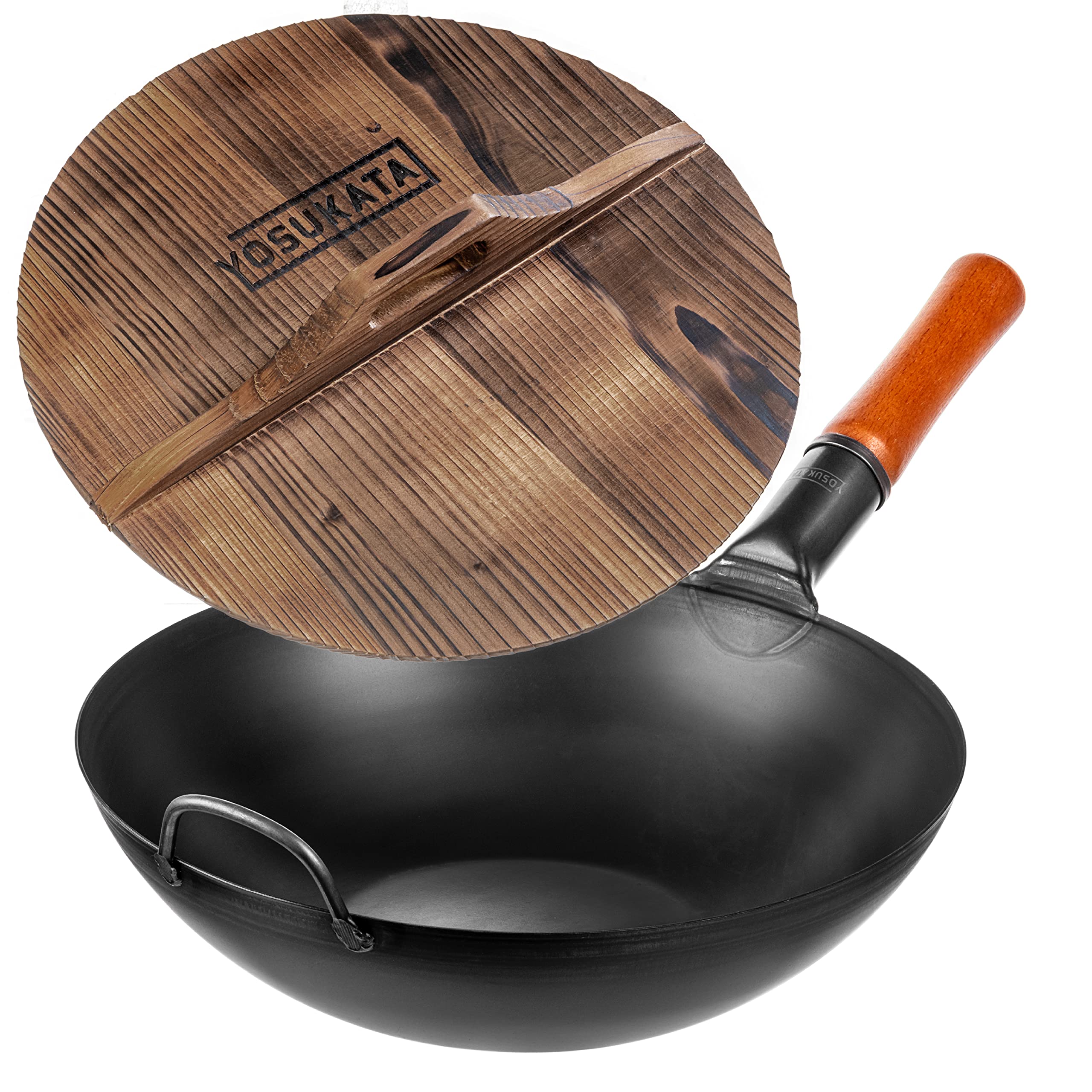 YOSUKATA Carbon Steel Wok Pan 13,5“ with Premium Wok Cover 13,5 inch Pan Lid - Chinese Wok with Flat Bottom Pow Wok Plus Condensate-free 13,5 inch Pan Lid