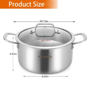 DELARLO Whole Body Tri-ply Stainless Steel StockPot 3.5QT, Cooking Pot 18/8 Food Grade, Durable Soup Pot with Glass Lid,Suitable for All stoves, Dishwasher-Safe