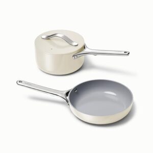 caraway mini duo - non-stick ceramic mini fry pan (1.05 qt, 8") & mini sauce pan (1.75 qt) - non toxic, ptfe & pfoa free - oven safe & stovetop agnostic (gas, electric & induction) - cream