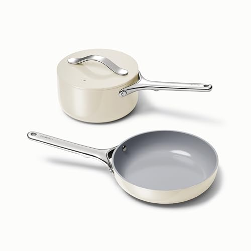 Caraway Mini Duo - Non-Stick Ceramic Mini Fry Pan (1.05 qt, 8") & Mini Sauce Pan (1.75 qt) - Non Toxic, PTFE & PFOA Free - Oven Safe & Stovetop Agnostic (Gas, Electric & Induction) - Cream