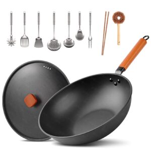 carbon steel wok, 9 pcs wok pan with glass lid & handle stir-fry pans 12.8" chinese wok flat bottom wok with cookware accessories suitabe for all stoves (black)