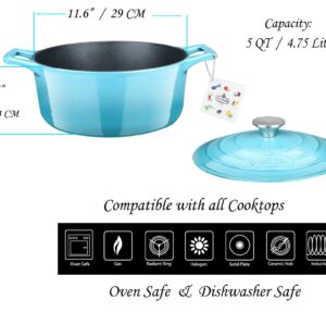 La Cuisine Enameled Cast Iron Oval Dutch Oven Casserole Pot with Lid 5 QT Matte Black Enamel Interior, Teal Porcelain Enamel Coating Finish Exterior