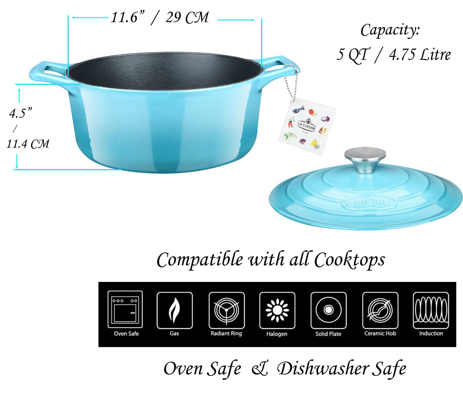 La Cuisine Enameled Cast Iron Oval Dutch Oven Casserole Pot with Lid 5 QT Matte Black Enamel Interior, Teal Porcelain Enamel Coating Finish Exterior