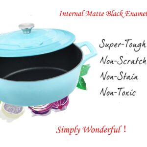 La Cuisine Enameled Cast Iron Oval Dutch Oven Casserole Pot with Lid 5 QT Matte Black Enamel Interior, Teal Porcelain Enamel Coating Finish Exterior