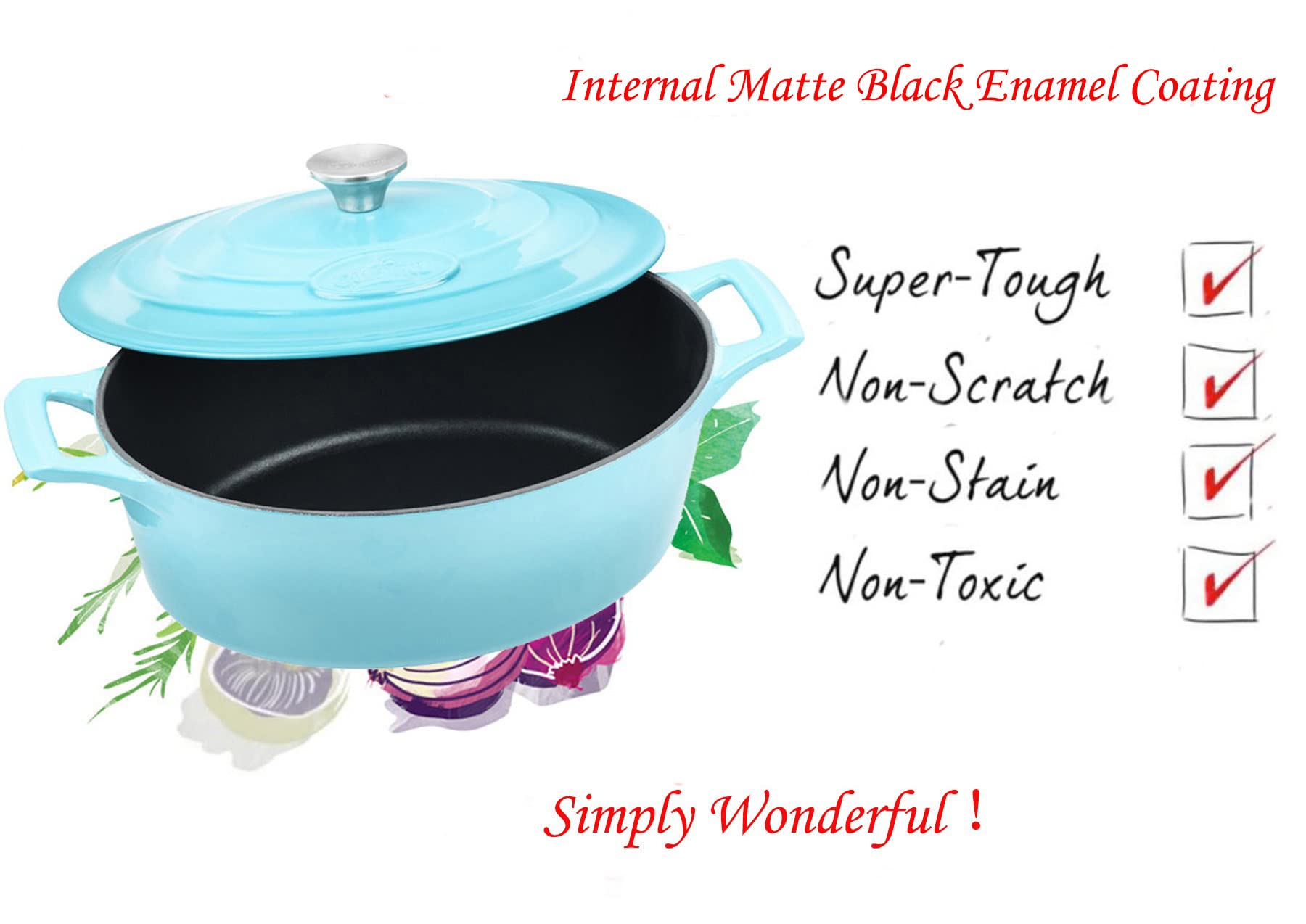 La Cuisine Enameled Cast Iron Oval Dutch Oven Casserole Pot with Lid 5 QT Matte Black Enamel Interior, Teal Porcelain Enamel Coating Finish Exterior