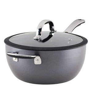 rachael ray cook + create hard anodized nonstick saucier pan/saucepan with lid and helper handle, 4.5 quart - black