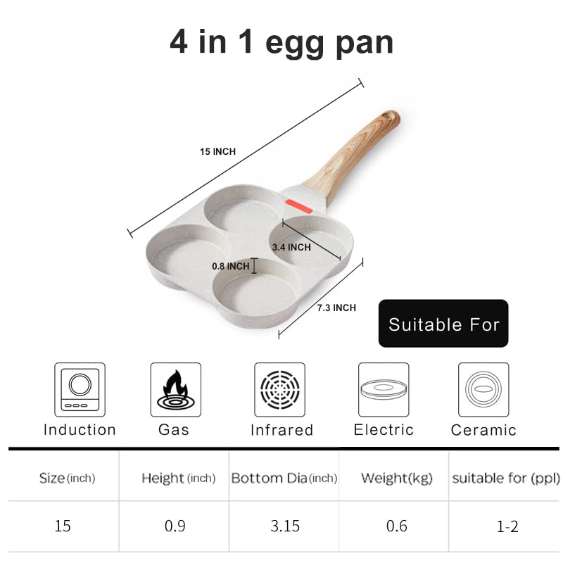 JEETEE Egg Pan Nonstick Omelet Pan 4-Cup Egg Skillet Pancake Pan Stone Coating Cookware Suitablefor all Stove 7.3 inch, Beige