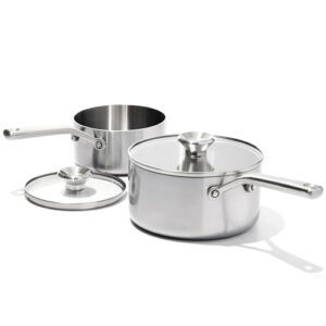 oxo mira tri-ply stainless steel, 1.5qt and 3qt saucepan pot set with lids, induction, multi clad, dishwasher and metal utensil safe