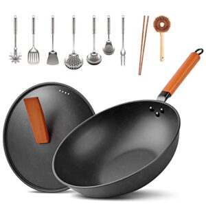 carbon steel wok, 9 pcs wok pan with iron lid & handle stir-fry pans 12.8" chinese wok flat bottom wok with cookware accessories suitabe for all stoves (black)