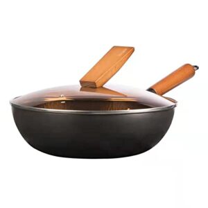 Hyoank AsianTraditional Wok Pan, 12.4'' Woks and Stir Fry Pans, Carbon Steel Wok with Lid Suits for all Stoves