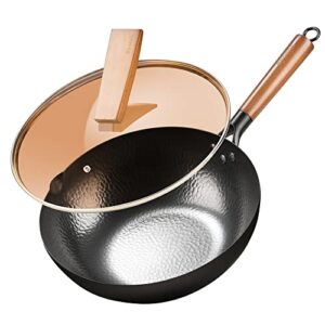 hyoank asiantraditional wok pan, 12.4'' woks and stir fry pans, carbon steel wok with lid suits for all stoves