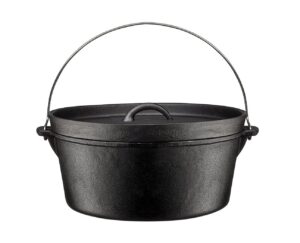bruntmor pre-seasoned cast iron dutch oven with flanged lid iron cover, for campfire or fireplace cooking pre-seasoned camping cookware flat bottom 8 quart