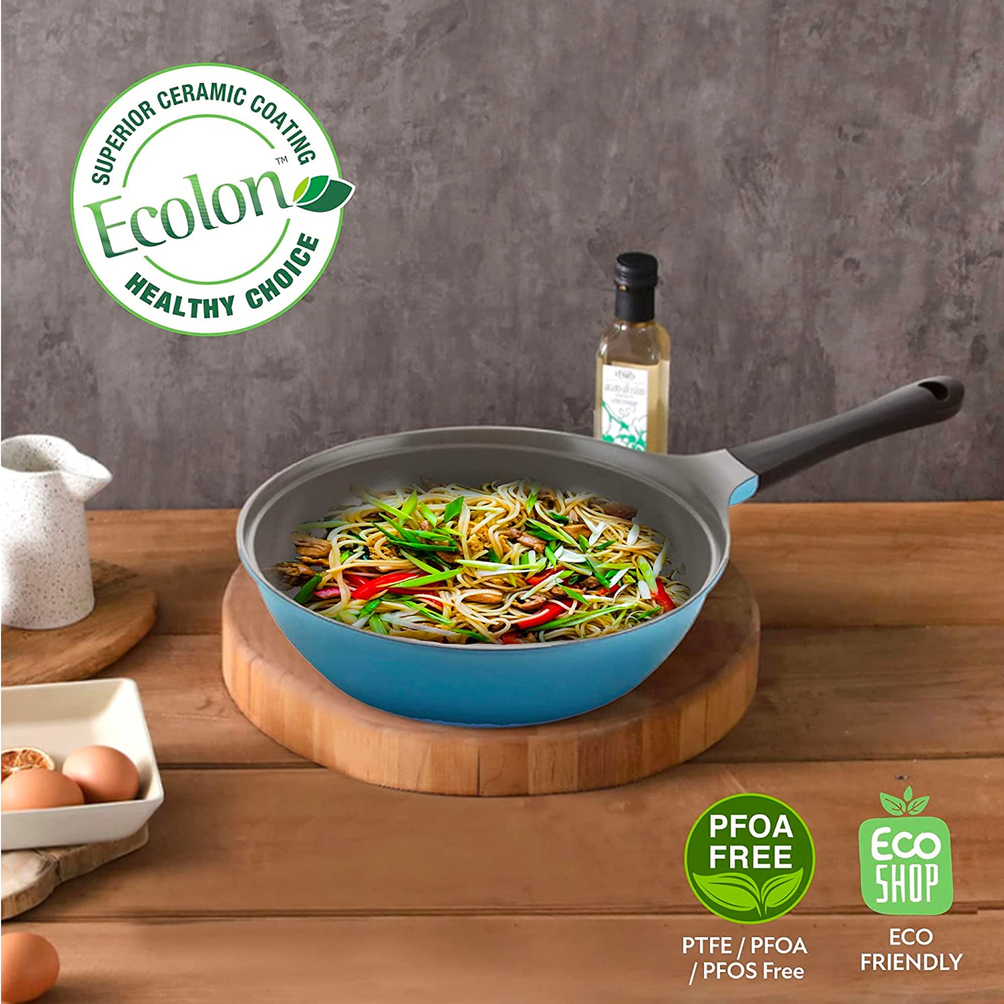 Neoflam Eela 12'' Non Stick Chef's Wok with Glass Lid, Stir Fry Pan and POFA-Free Ceramic Coating for Cooking Saute Vegetables, Meat, Fish, 12 inch, Deep Blue (Handle assemble required)