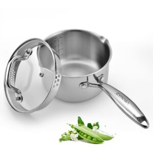 stainless steel saucepan with glass lid, 1.5 quart multipurpose sauce pan, sauce pot with for easy pour with ergonomic handle