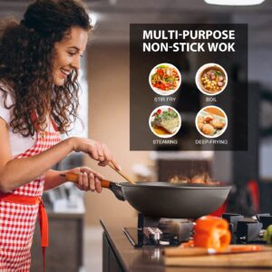 Carbon Steel Wok, 9 Pcs Wok Pan with Glass Lid & Handle Stir-Fry Pans 12.8" Chinese Wok Flat Bottom Wok with Cookware Accessories Suitabe for all Stoves (Black)