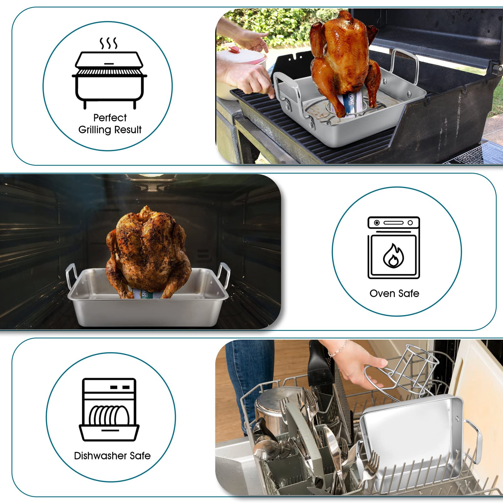 TeamFar Roasting Pan with Beer Can Chicken Holder, Stainless Steel Drip Pan with Vertical Rack Stand for Grill Oven Smoker, Healthy & Heavy Duty, Easy Clean & Dishwasher Safe, (1 Pan + 1 Rack)
