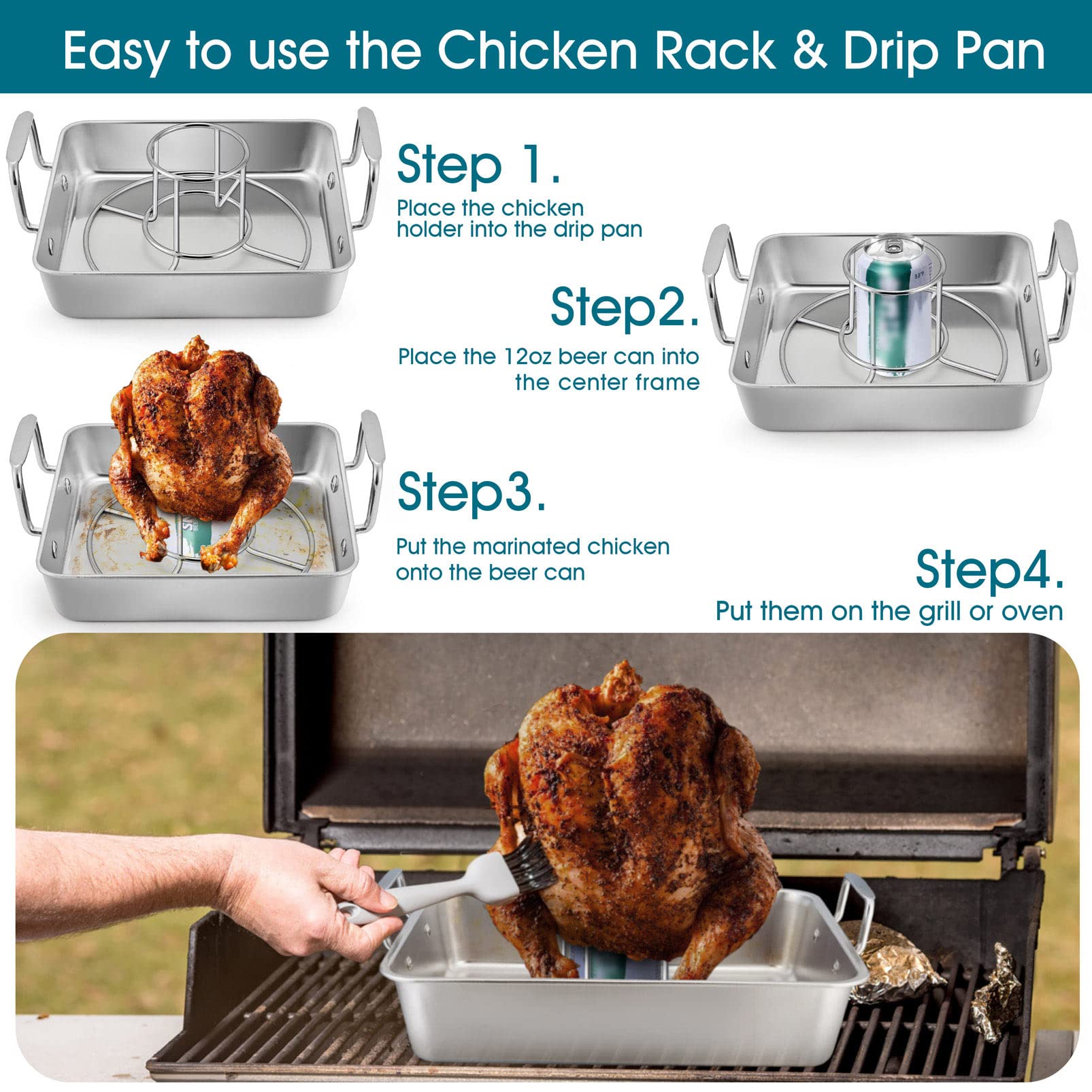 TeamFar Roasting Pan with Beer Can Chicken Holder, Stainless Steel Drip Pan with Vertical Rack Stand for Grill Oven Smoker, Healthy & Heavy Duty, Easy Clean & Dishwasher Safe, (1 Pan + 1 Rack)