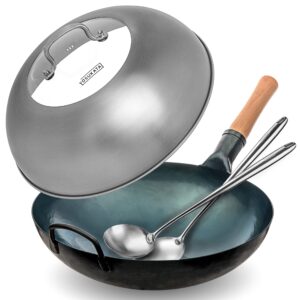 yosukata blue carbon steel round bottom wok pan 14" + wok lid + 17’’ wok spatula and ladle - set of 2 heat-resistant wok tools