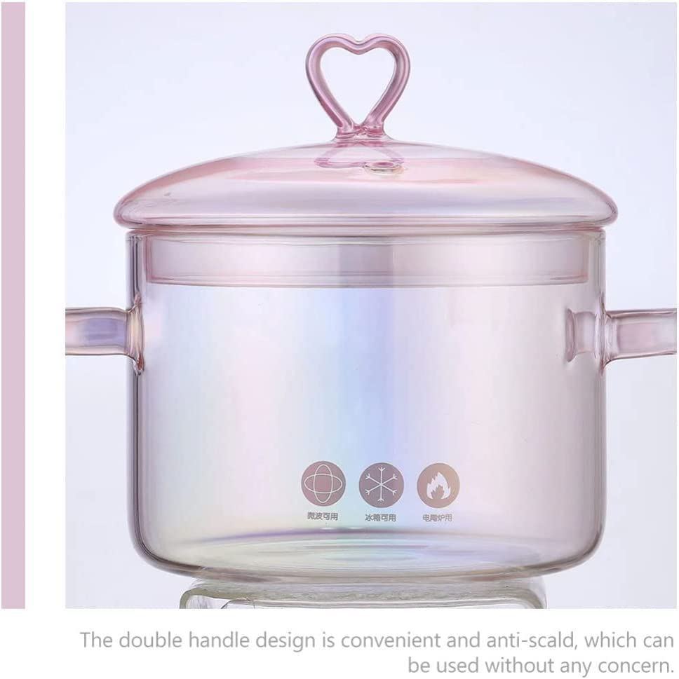 Glass Saucepan with Cover Clear Cooking Pot Stovetop Stew Pot with Lid Handmade Glass Casserole Double-Handle Cookware for Pasta Noodle Soup Milk Pink