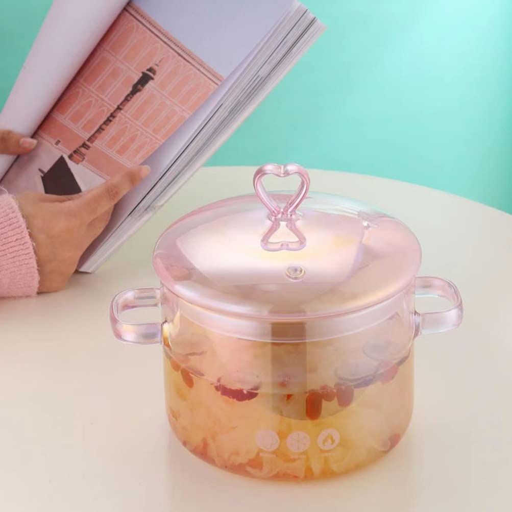 Glass Saucepan with Cover Clear Cooking Pot Stovetop Stew Pot with Lid Handmade Glass Casserole Double-Handle Cookware for Pasta Noodle Soup Milk Pink