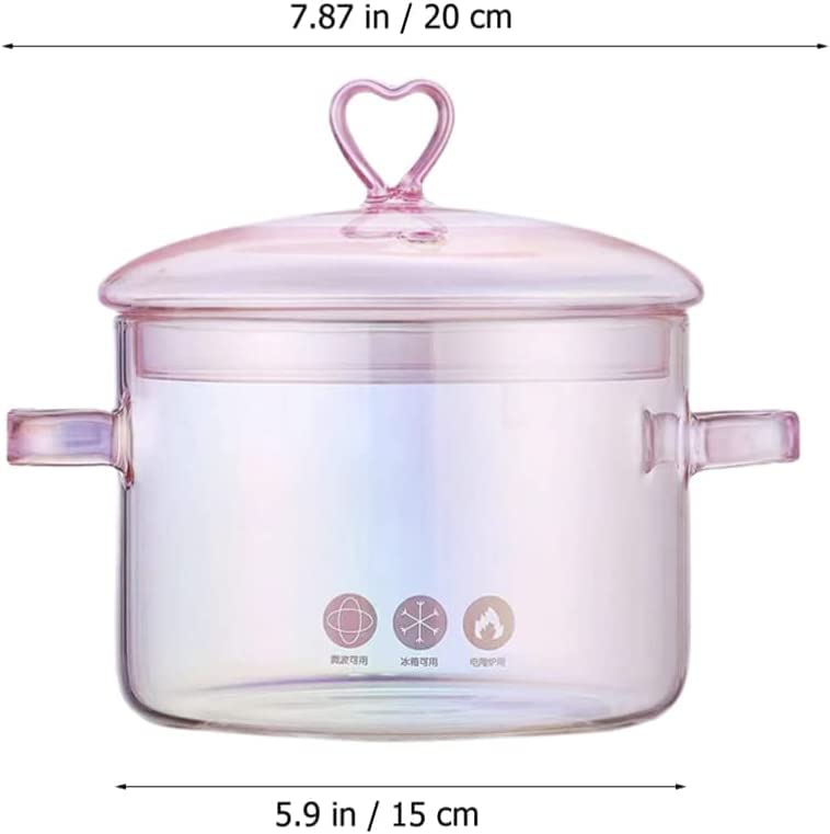 Glass Saucepan with Cover Clear Cooking Pot Stovetop Stew Pot with Lid Handmade Glass Casserole Double-Handle Cookware for Pasta Noodle Soup Milk Pink