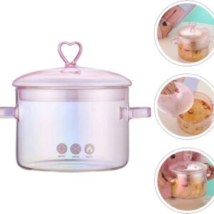 Glass Saucepan with Cover Clear Cooking Pot Stovetop Stew Pot with Lid Handmade Glass Casserole Double-Handle Cookware for Pasta Noodle Soup Milk Pink