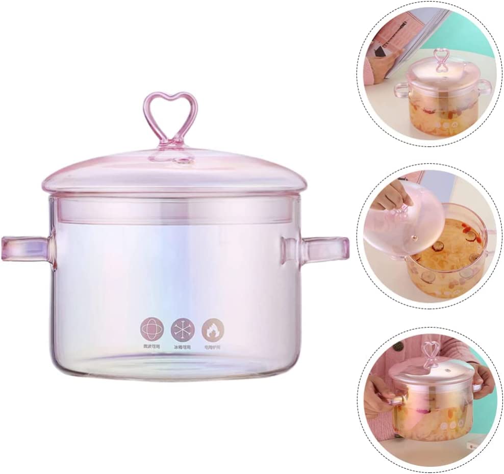 Glass Saucepan with Cover Clear Cooking Pot Stovetop Stew Pot with Lid Handmade Glass Casserole Double-Handle Cookware for Pasta Noodle Soup Milk Pink