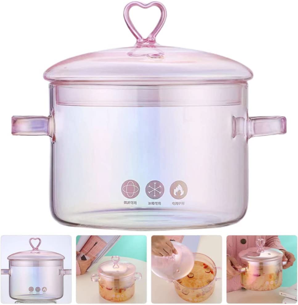 Glass Saucepan with Cover Clear Cooking Pot Stovetop Stew Pot with Lid Handmade Glass Casserole Double-Handle Cookware for Pasta Noodle Soup Milk Pink