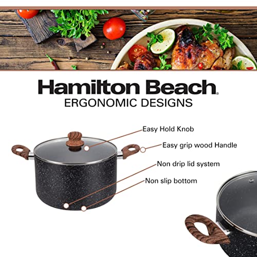 Hamilton Beach 8.5 Quart Nonstick Marble Coating Even Heating Round Dutch Oven Pot with Glass Lid and Wooden Like Soft Touch Handle, Dutch Oven Pot, Braising, Roasting