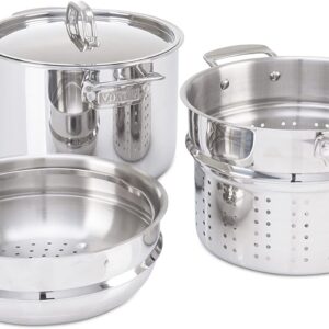 Viking Culinary 3-Ply Stainless Steel Pasta Pot, 8 Quart, Includes Pasta & Steamer Insert, Dishwasher, Oven Safe, Works on All Cooktops including Induction