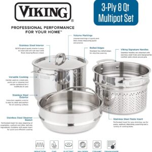 Viking Culinary 3-Ply Stainless Steel Pasta Pot, 8 Quart, Includes Pasta & Steamer Insert, Dishwasher, Oven Safe, Works on All Cooktops including Induction