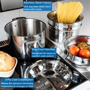 Viking Culinary 3-Ply Stainless Steel Pasta Pot, 8 Quart, Includes Pasta & Steamer Insert, Dishwasher, Oven Safe, Works on All Cooktops including Induction