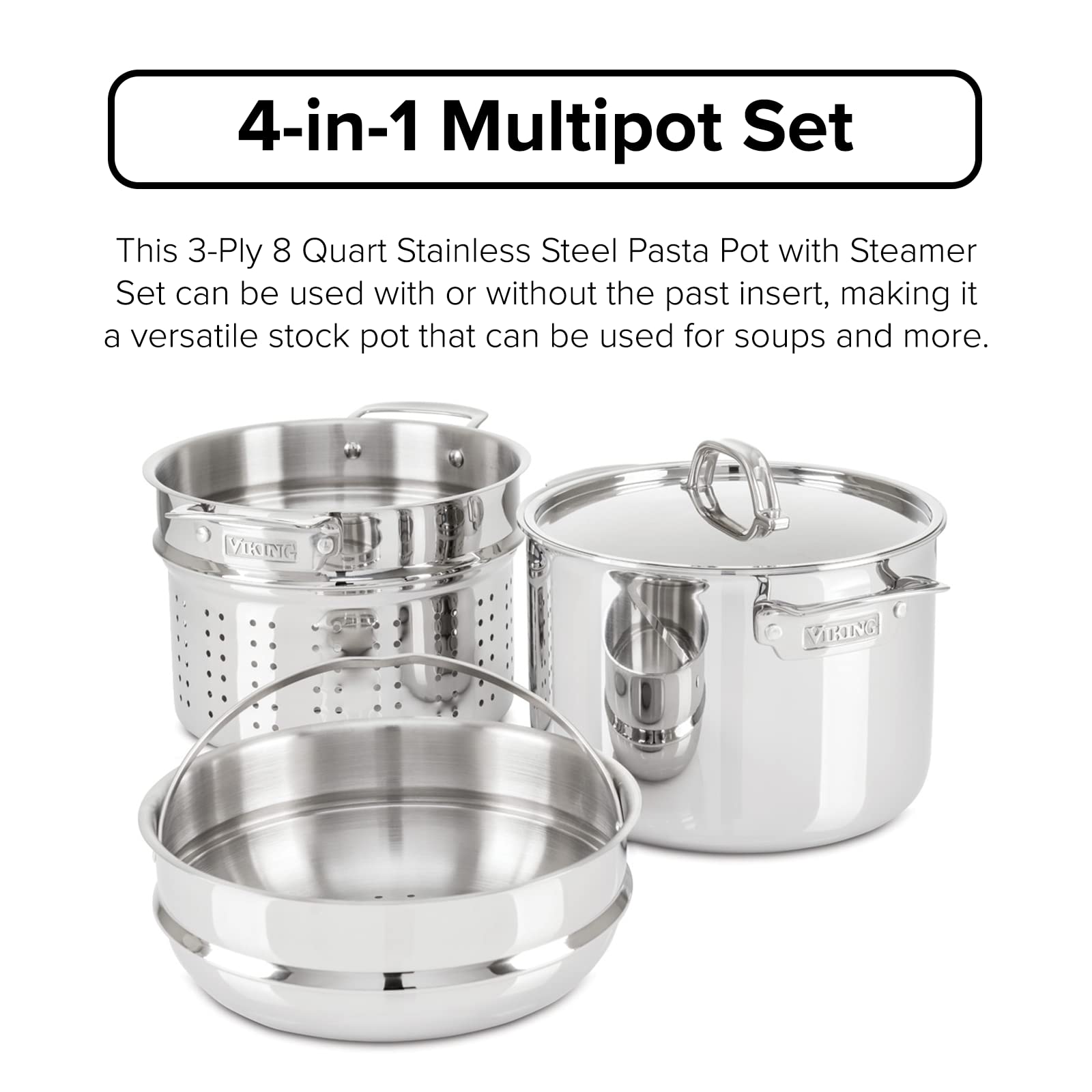 Viking Culinary 3-Ply Stainless Steel Pasta Pot, 8 Quart, Includes Pasta & Steamer Insert, Dishwasher, Oven Safe, Works on All Cooktops including Induction