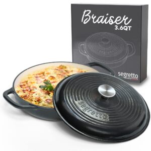 segretto cookware 3.6 qt braiser enameled cast iron casserole pan with cover, bianco perla (off-white) cast iron braiser pan with lid, lasagna pan enamel cast iron skillet with lid cookware