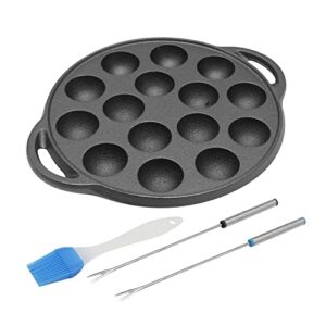 vikksaer cast iron takoyaki pan, 15 hole nonstick grill pan,1.5'' half sphere maker,round cooking plate with grease brush & fork