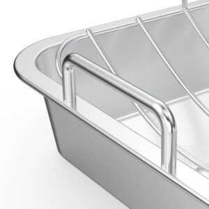 onlyfire Roasting Pan with U-Rack - Stainless Steel Barbecue Bakeware Roaster, 16 Inch Rectangular Turkey Roaster Lasagna Pan for Roasting Turkey, Chicken, Meat & Vegetables, Oven Safe