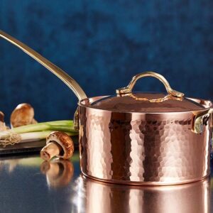 DEMMEX 1mm Thick Hammered Unlined Uncoated Solid Copper Sugar Sauce Zabaglione Pan Candy Jam Caramel Dessert Pot with Lid and Helper Handle, Handmade in Turkey, (1.7-Quart)