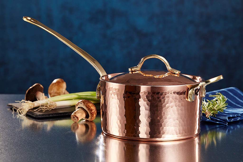 DEMMEX 1mm Thick Hammered Unlined Uncoated Solid Copper Sugar Sauce Zabaglione Pan Candy Jam Caramel Dessert Pot with Lid and Helper Handle, Handmade in Turkey, (1.7-Quart)