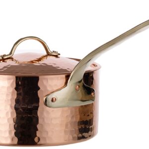 DEMMEX 1mm Thick Hammered Unlined Uncoated Solid Copper Sugar Sauce Zabaglione Pan Candy Jam Caramel Dessert Pot with Lid and Helper Handle, Handmade in Turkey, (1.7-Quart)