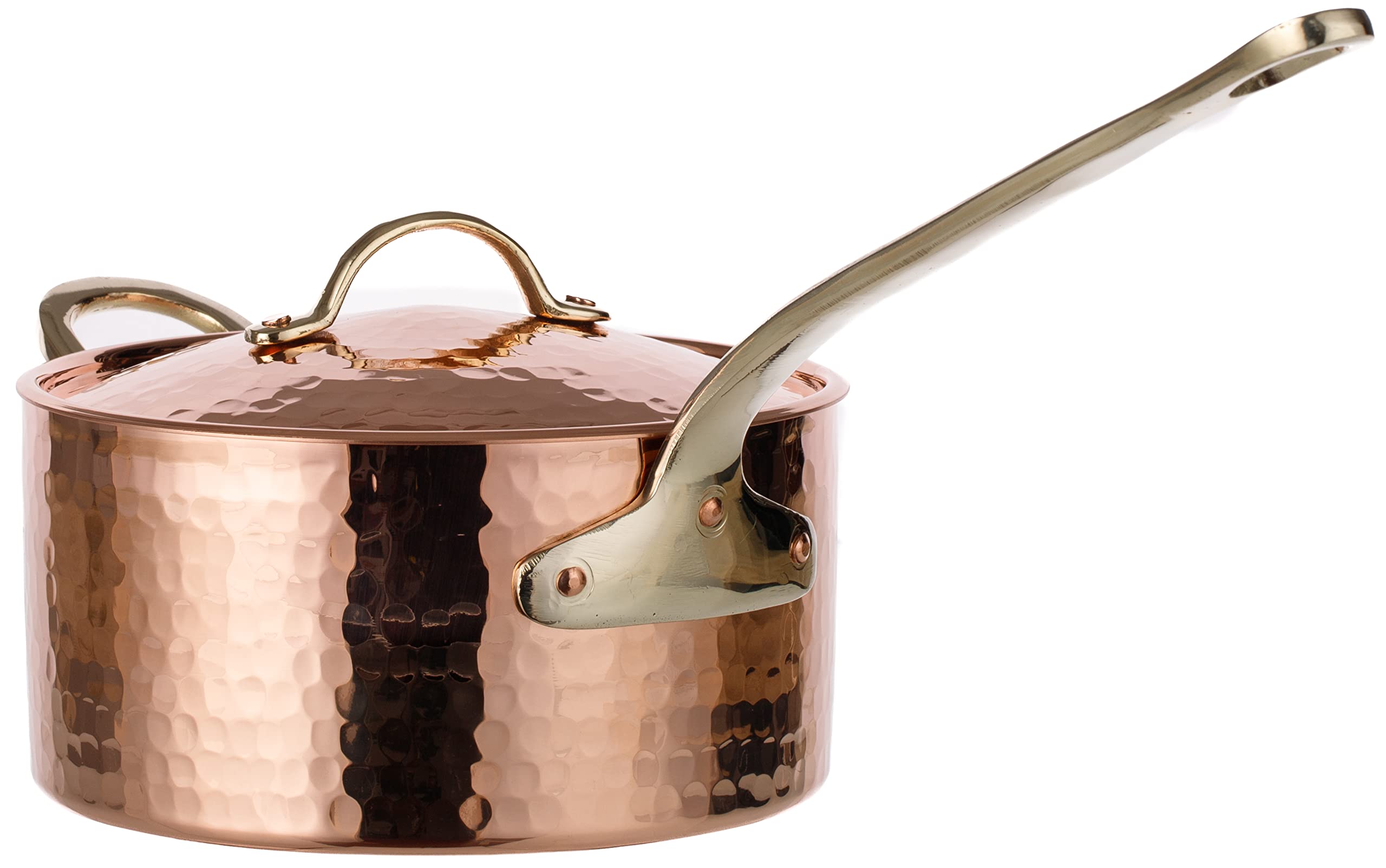 DEMMEX 1mm Thick Hammered Unlined Uncoated Solid Copper Sugar Sauce Zabaglione Pan Candy Jam Caramel Dessert Pot with Lid and Helper Handle, Handmade in Turkey, (1.7-Quart)