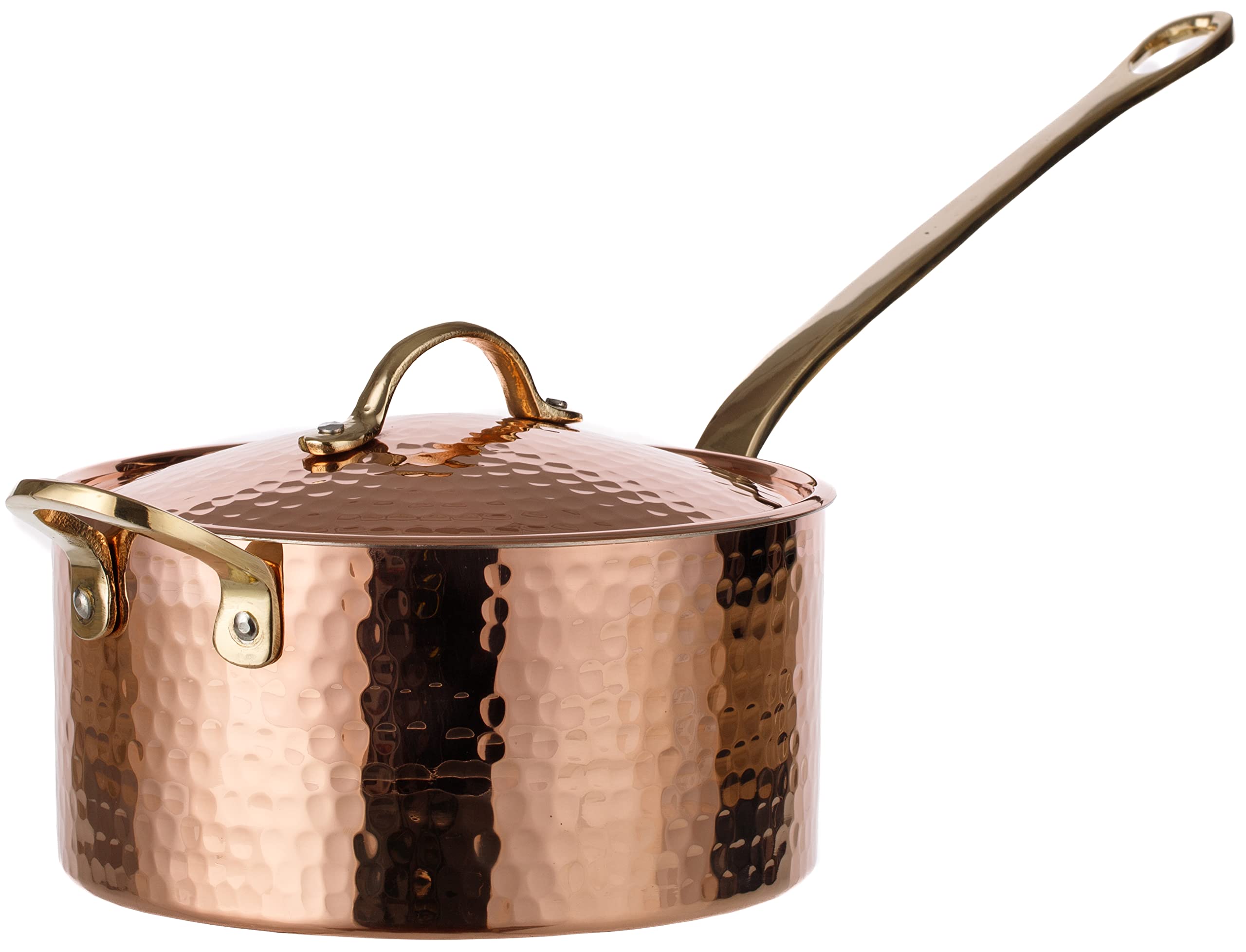 DEMMEX 1mm Thick Hammered Unlined Uncoated Solid Copper Sugar Sauce Zabaglione Pan Candy Jam Caramel Dessert Pot with Lid and Helper Handle, Handmade in Turkey, (1.7-Quart)