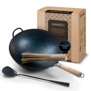 mammafong traditional hand hammered pre-seasoned round bottom carbon steel wok set with wok spatula and bamboo brush (14 inch preseasoned wok set)…