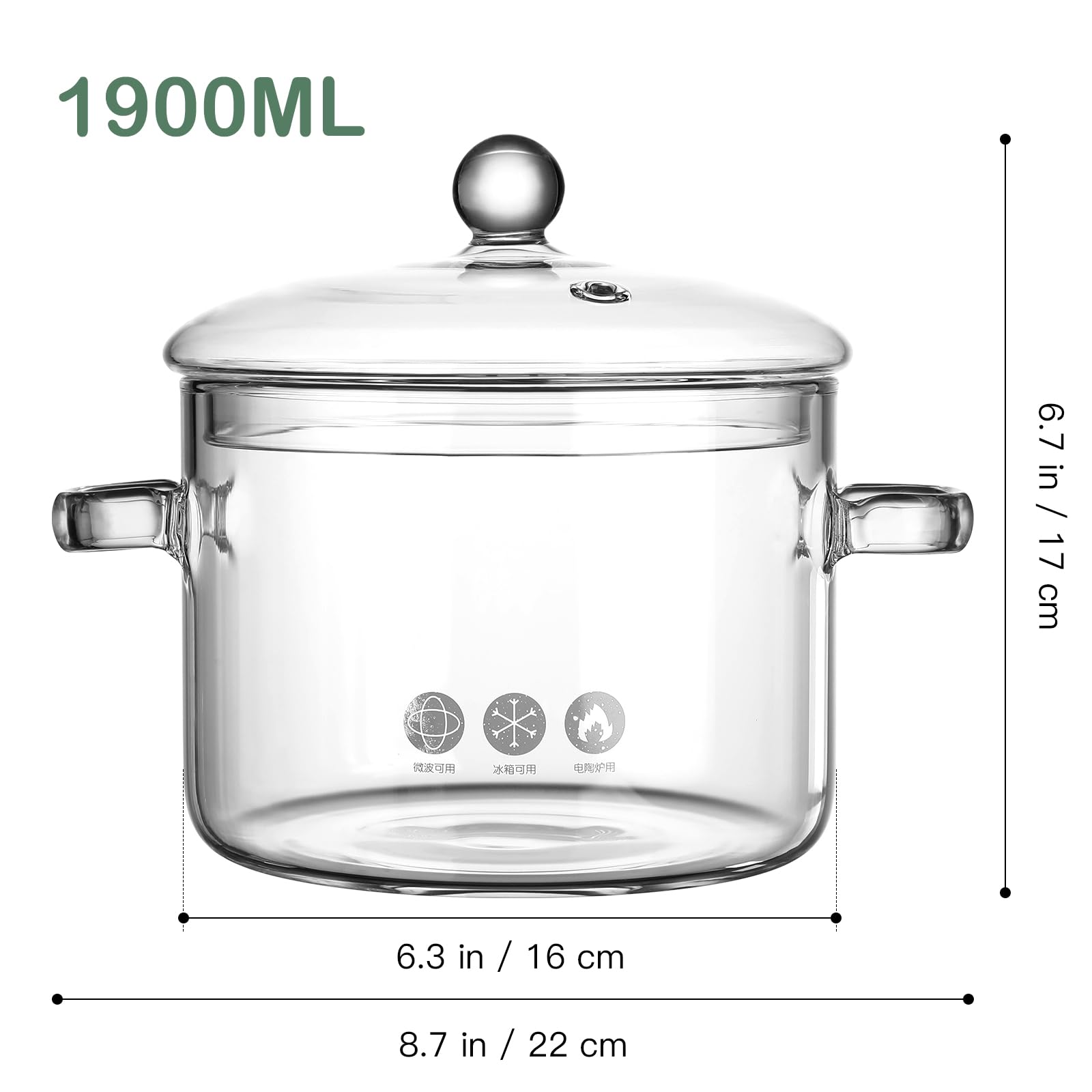 ERINGOGO Glass Cooking Pot with Lid, 1900ml/ 64 Oz Glass Saucepan Heat Resistant Borosilicate Stovetop Pot Simmer Stockpot with Cover for Soup, Milk, Baby Food