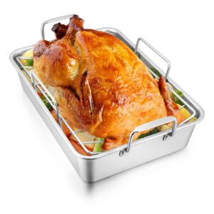 joyfair 14-inch roasting pan with rack, stainless steel turkey roaster baking pan & v-shaped rack for chicken meat vegetable, rectangular lasgana pan with riveted handle, heavy duty & dishwasher safe