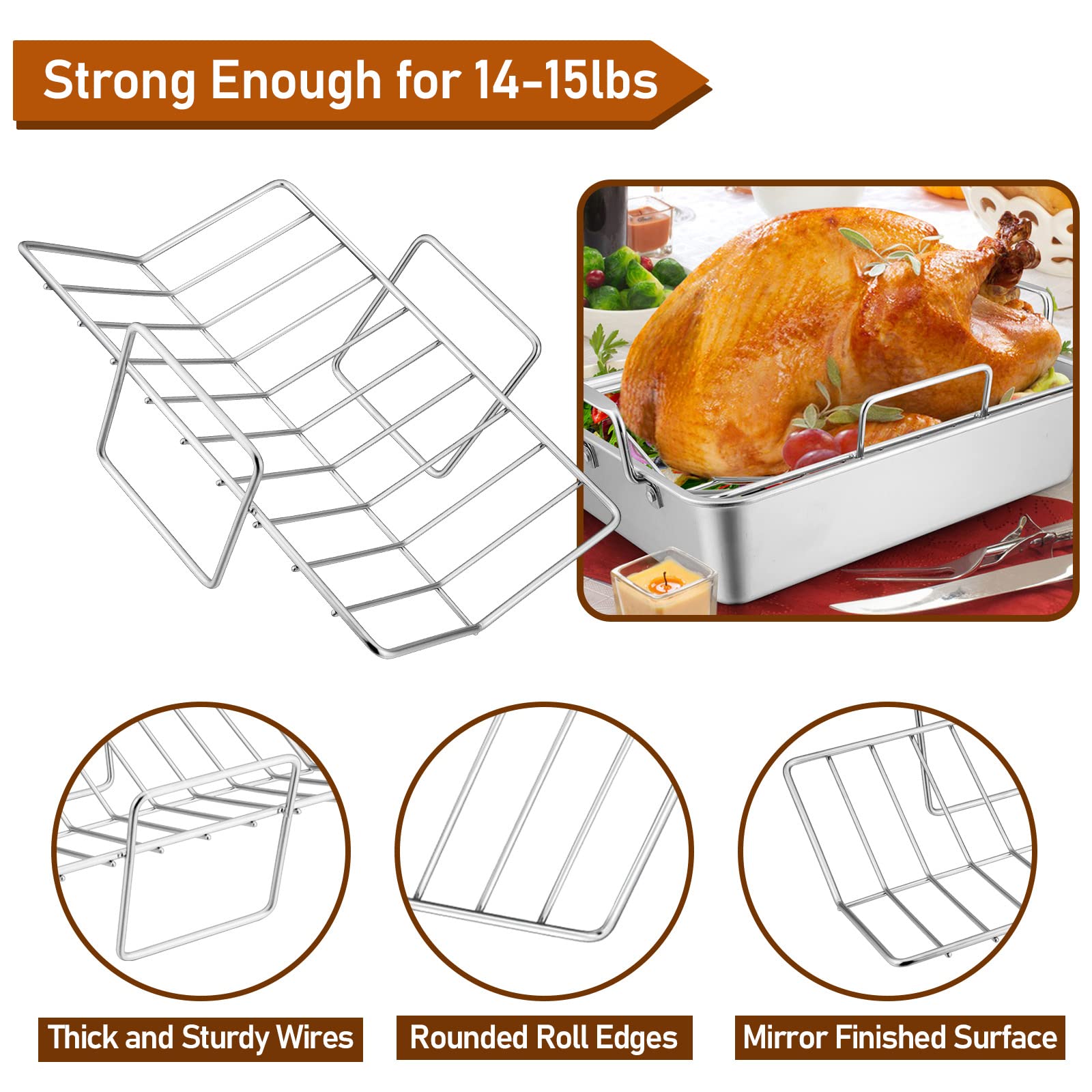 Joyfair 14-inch Roasting Pan with Rack, Stainless Steel Turkey Roaster Baking Pan & V-Shaped Rack for Chicken Meat Vegetable, Rectangular Lasgana Pan with Riveted Handle, Heavy Duty & Dishwasher Safe