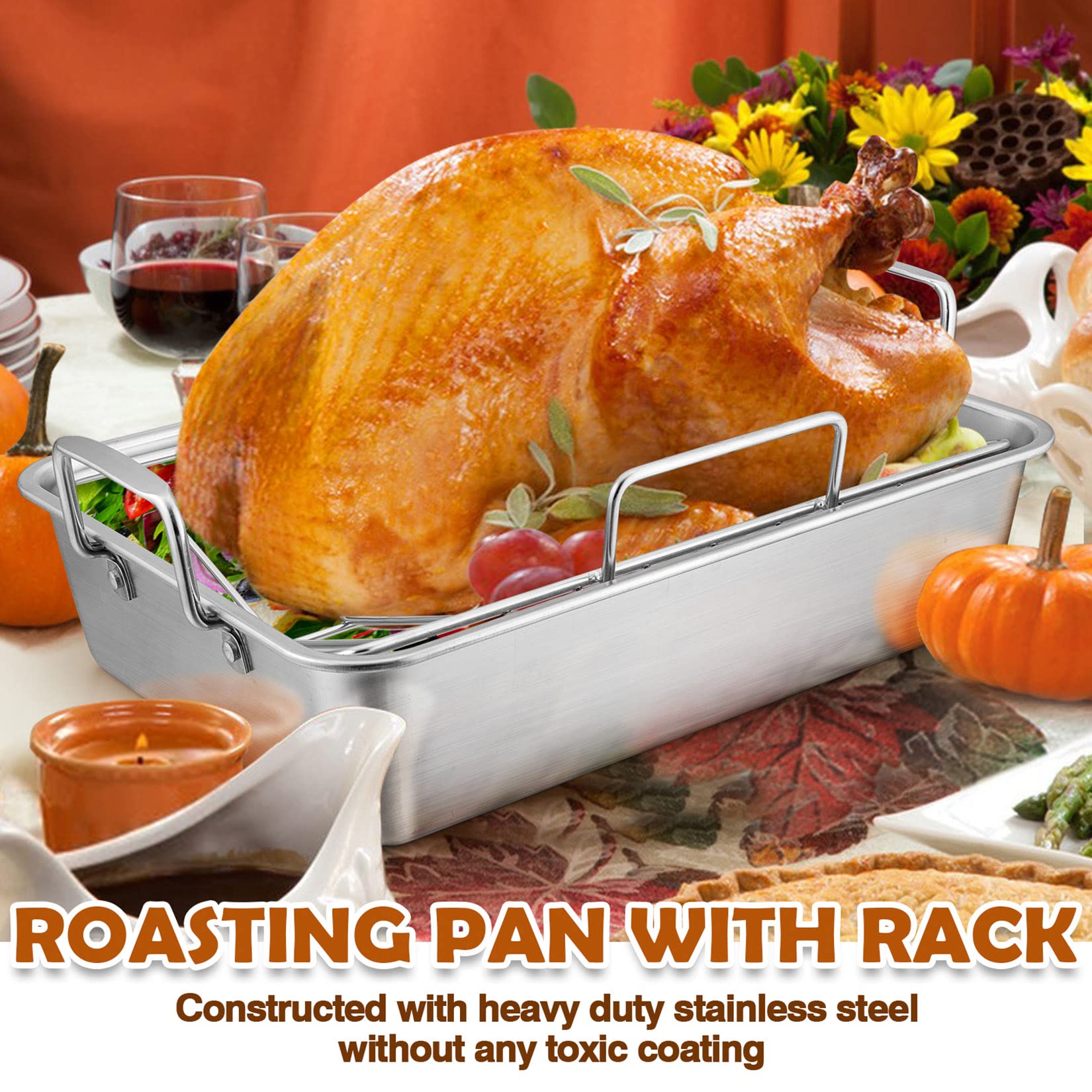 Joyfair 14-inch Roasting Pan with Rack, Stainless Steel Turkey Roaster Baking Pan & V-Shaped Rack for Chicken Meat Vegetable, Rectangular Lasgana Pan with Riveted Handle, Heavy Duty & Dishwasher Safe