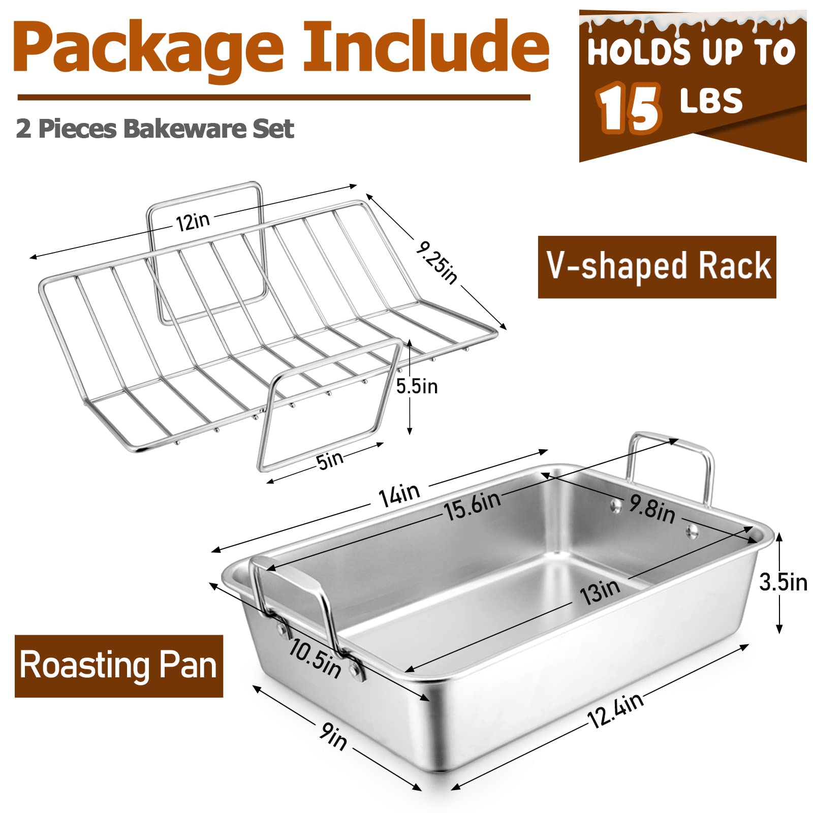 Joyfair 14-inch Roasting Pan with Rack, Stainless Steel Turkey Roaster Baking Pan & V-Shaped Rack for Chicken Meat Vegetable, Rectangular Lasgana Pan with Riveted Handle, Heavy Duty & Dishwasher Safe