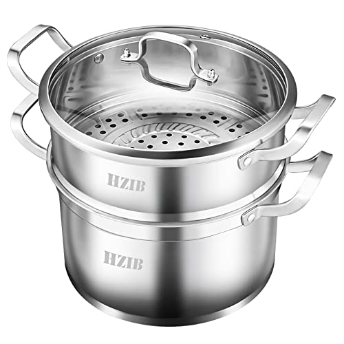 HZIB High capacity Multipurpose Stock Pot and Steamer Pot with PFOA-free,18/10 Stainless Steel Steamer,2-tier Cooking Pot with Lid for Soups,Seafood,Vegetables,Stews and Pasta