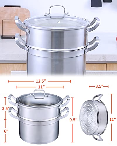 HZIB High capacity Multipurpose Stock Pot and Steamer Pot with PFOA-free,18/10 Stainless Steel Steamer,2-tier Cooking Pot with Lid for Soups,Seafood,Vegetables,Stews and Pasta
